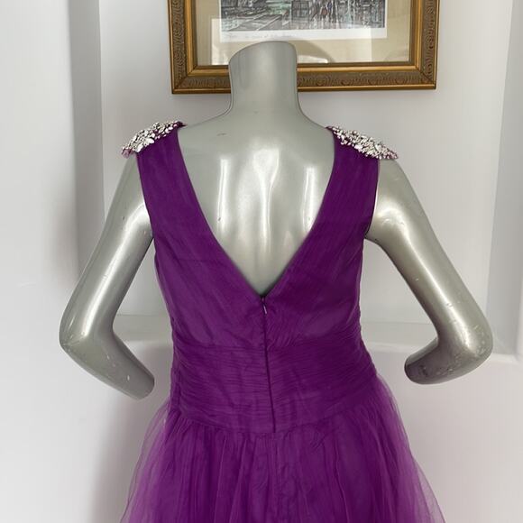 KATHY HILTON Raspberry Fit & Flare Mesh Dress Beads Embellished Shoulder Size 10 - Picture 9 of 14